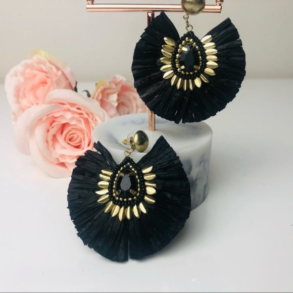 Black Large Light weight Fringe Earrings - Picture 2 of 4